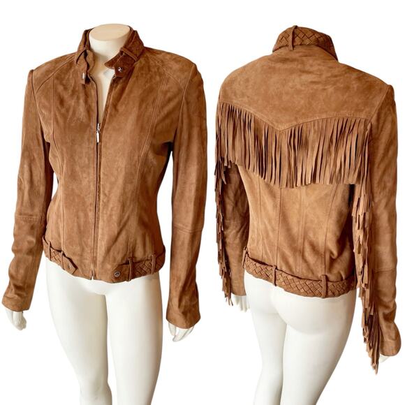 Cache Fringe Goat Suede Leather Western Jacket Chestnut Brown Size 6